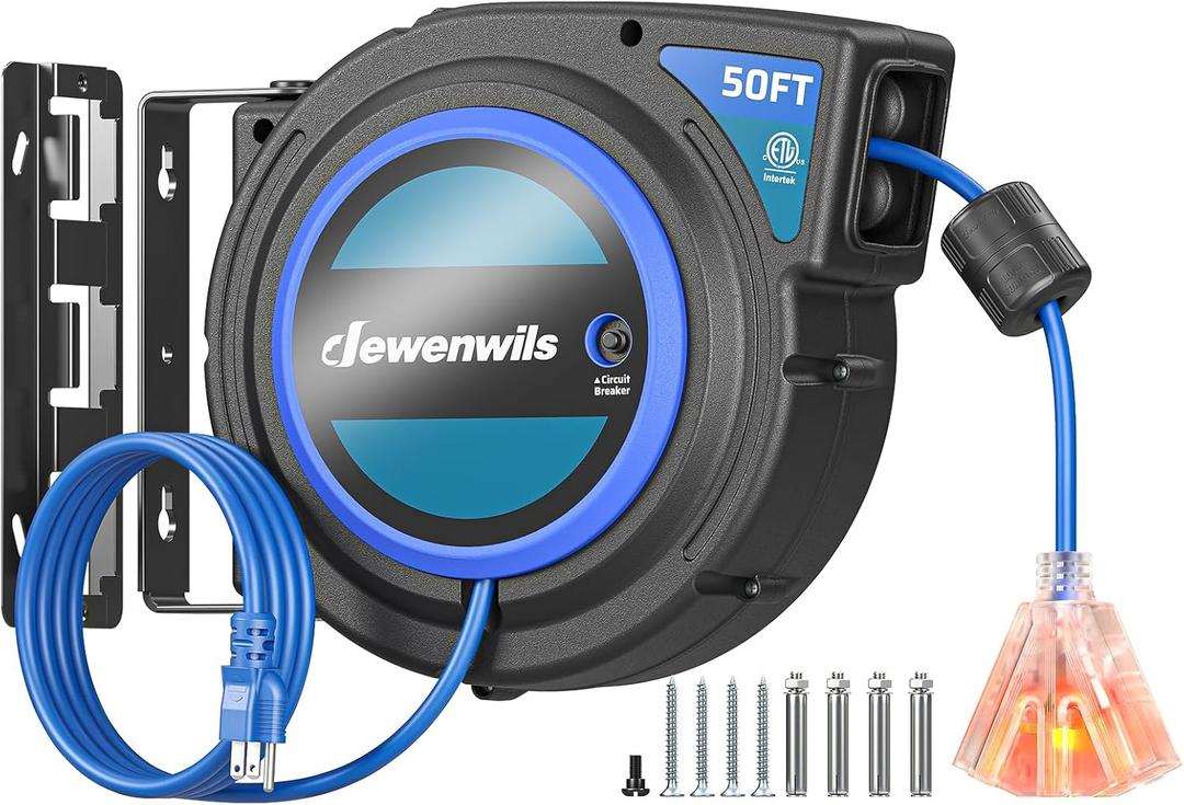 DEWENWILS Retractable Extension Cord Reel, 50 FT 14/3C SJTOW Heavy Duty Power Cord with Lighted Triple Tap Outlet, 180 Swivel Bracket for Ceiling/Wall Mount, 13A Circuit Breaker, ETL Listed, Blue