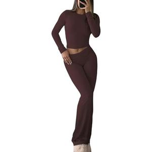 YETOWA Women's 2 Piece Lounge Set Long Sleeve Crop Top and High Waisted Flare Pants Soft Knit Loungewear Outfit, Coffee, Small