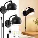Plug in Wall Sconces Set of 2, Adjustable Angle Black Wall Lights with Plug in Cord & On/Off Switch, Bedside Wall Mounted Lamp with Globe Shade for Bedroom Living Room Bathroom(2 Bulbs Included)
