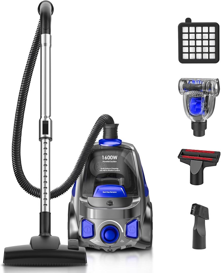 Canister Vacuum Cleaner, 32Kpa 1600W Cyclon Power, Dust Full Indicator, Double HEPA Filters, 3.7Qt Large Capacity, Lightweight Vac for Hard Floors, Carpets, Pet Hair, Blue