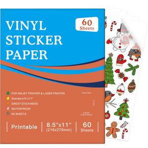 60 Sheets Premium Printable Vinyl Sticker Paper Clear - 8.5x11" for Inkjet Printers, Waterproof Tear Resistant, Dries Quickly, Vivid Colors, Easy to Cut for Cutting Machines, DIY Self-Adhesive Labels