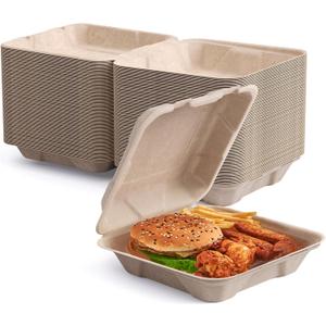 ECOLipak 50 Pack Clamshell To Go Containers, 100% Compostable Disposable Take Out Food Containers, 8X8 inch Heavy-Duty To Go Boxes, Eco-Friendly Biodegradable Take Out Containers For Food