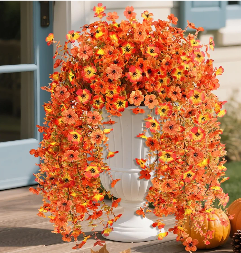 Homsunny Artificial Fall Flowers for Outdoors Fake Flowers UV Resistant 2PCS Fall Mums Flowers for Home Patio Balcony Yard Porch, Orange and Sunset Red