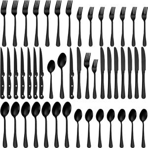 48-Piece Black Silverware Set with Steak Knives Black Stainless Steel Flatware Set for 8 Food Grade Tableware Cutlery Set Rust-proof, Mirror Polished, Dishwasher Safe