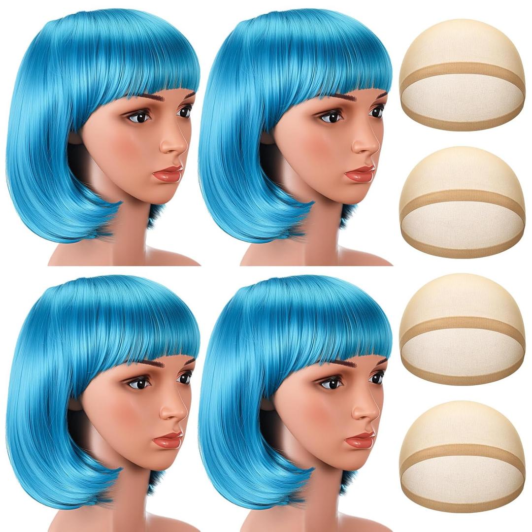 4 Pack Short Bob Blue Hair Wigs 12" Straight with Flat Bangs Cosplay Mardi Gras Party Wigs with Cap for Women