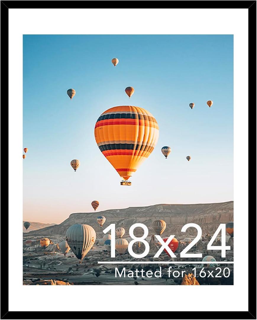 18x24 Picture Frame with 16x20 Mat, Display Photo 16x20 with Mat or 18 x 24 Without Mat, Wall Hanging Large 18 by 24 Poster Frame with Plexiglass, Black