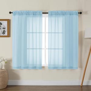 Gwine Sky Blue Sheer Curtains for Living Room 45 inches Long, Short Voile Light Filtering Window Treatments Sheer Curtains for Bedroom, Half Window Drapes with Rod Pocket, Each 42" Wx45 L