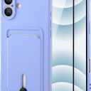 MZELQ TPU Wallet Compatible with iPhone 16 Plus Case, Card Holder Camera Protection Cover + Screen Protector, Push-able Slot for Girls Women -Purple