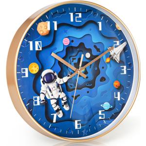 Silent Wall Clock, 12 Inch Space Non-Ticking Wall Clock, Battery Operated Space Travel Astronaut Decor Clock for Office, Classroom, Bedroom, Living Room, Kitchen