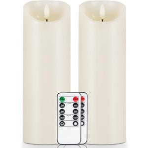 5plots 9" x 3" Flickering Flameless Candles - Battery Operated Wax LED Candles - Amber Yellow Light with Remote and Timers Set of 2, Ivory, for Home Decor, Candle Sconces