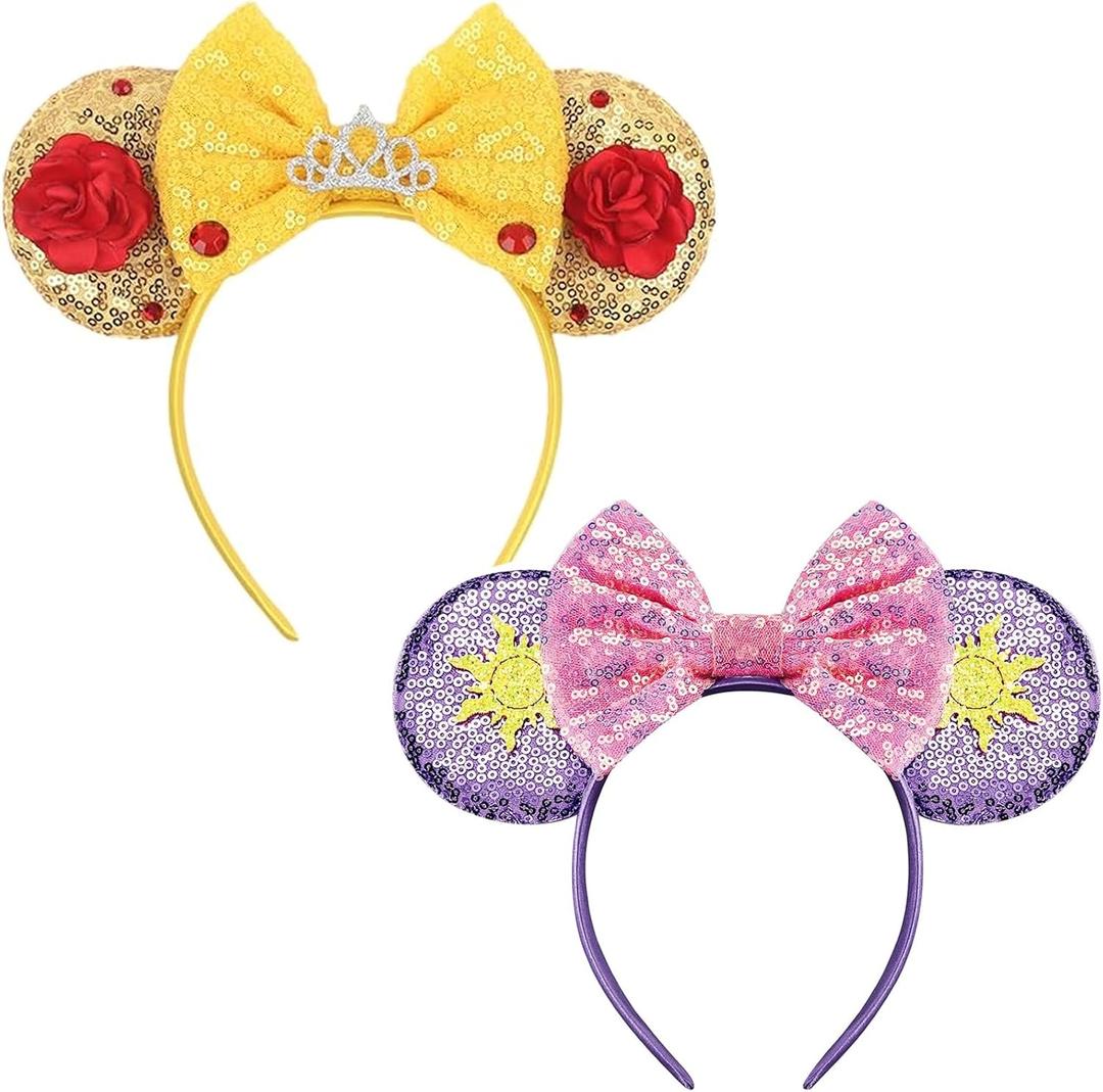 Girls Mouse Ears Headband Set - Hair Bands, Bows, Princess Headwear for Cosplay, Halloween, Birthday Party