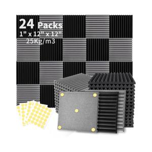 Focusound 24 Pack Black Grey Acoustic Foam Panels 1" x 12" x 12" Sound Proof Foam Panles Soundproofing Noise Cancelling Wedge Panels for Home Office Recoding Studio with 240PCS Double-Side Adhesive