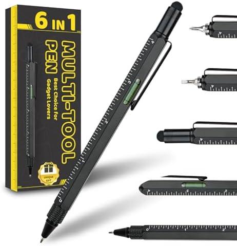 Men Valentines Day Gifts for Him Boyfriend Husband, Cool Gadgets Tools 6 in 1 Multitool Pen with Stylus, Level, Rulers, Screwdrivers, Father's Day Birthday Gift for Dad(Black) set of 2