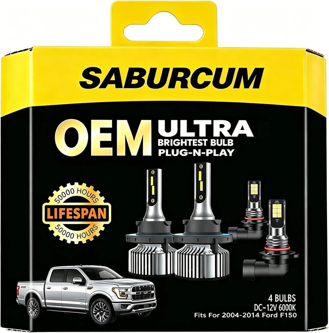Fits for 2004-2014 Ford F150 1:1 halogen Hi/Lo Dual Beam Bulbs Fog Lights Combo,2004 2005 2006 2007 2008 2009 2010 2011 2012 2013 2014 6000K White Super Bright f-150 Dual beam Light Bulbs,Pack of 4