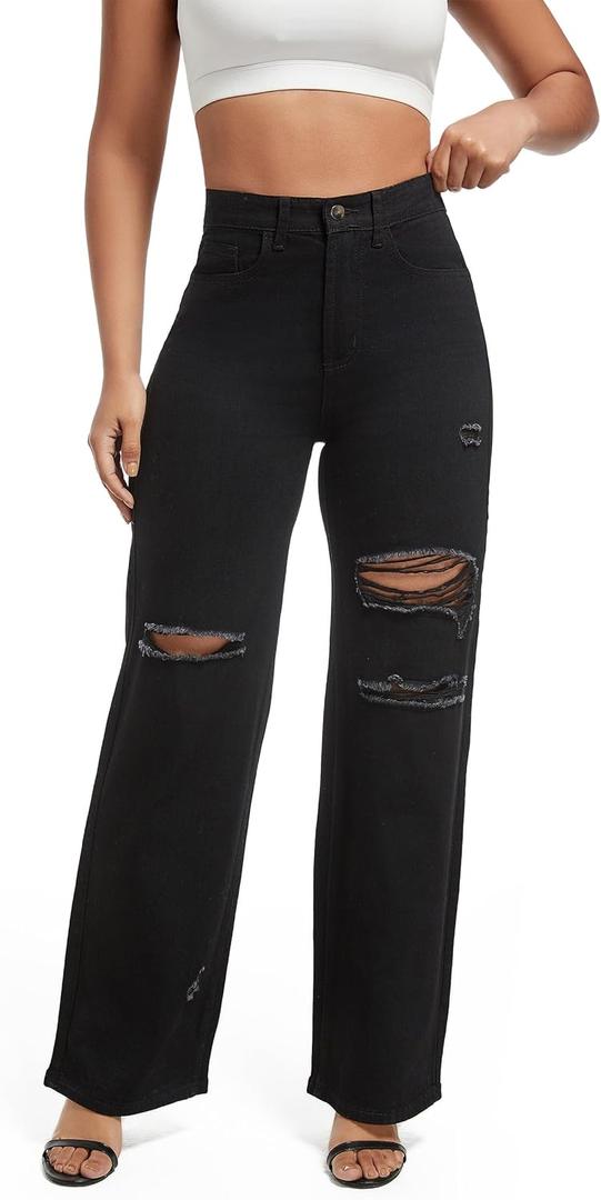 Aodrusa Ripped Wide Leg Jeans for Women Mom Baggy Straight Leg Stretchy Boyfriend Trendy Trouser Denim Pants (Black, L)