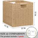 Wicker Storage Baskets for Organizing, 3 Pack Rustic Foldable Square Basket for Shelves, Handwoven Cubby Organizer Bins for Home Decor, Small Cube Storage Bin for Closet Organization (Natural 11 inch)