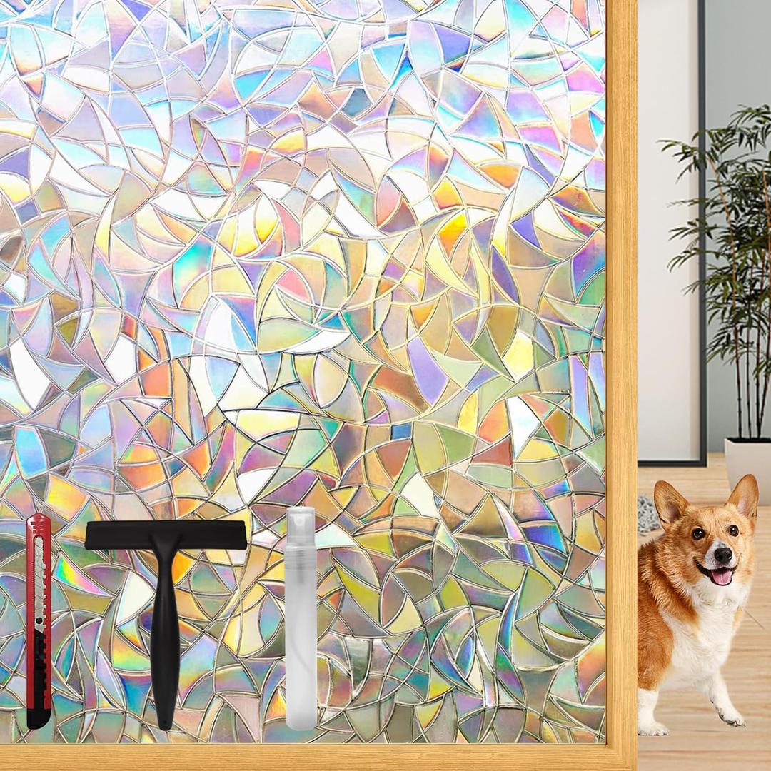 Lovepea Rainbow Window Privacy Film with Installation Tools, 3D Decorative, Stained Glass Decals, Removable, Peep-Proof, Static Cling, Heat Control, UV Protection (17.5 x 78.7 Inch) (Multicolor)