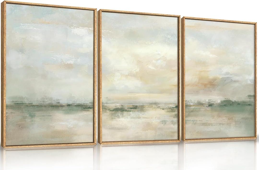 LHIUEM Large Abstract Green Gray Pastel Framed Canvas Wall Art, Neutral Landscape Wall Decor, Modern Watercolor Lake Artwork, Beige Textured Illustrations Art for Living Room, Bedroom, Office- 16"x24"x3