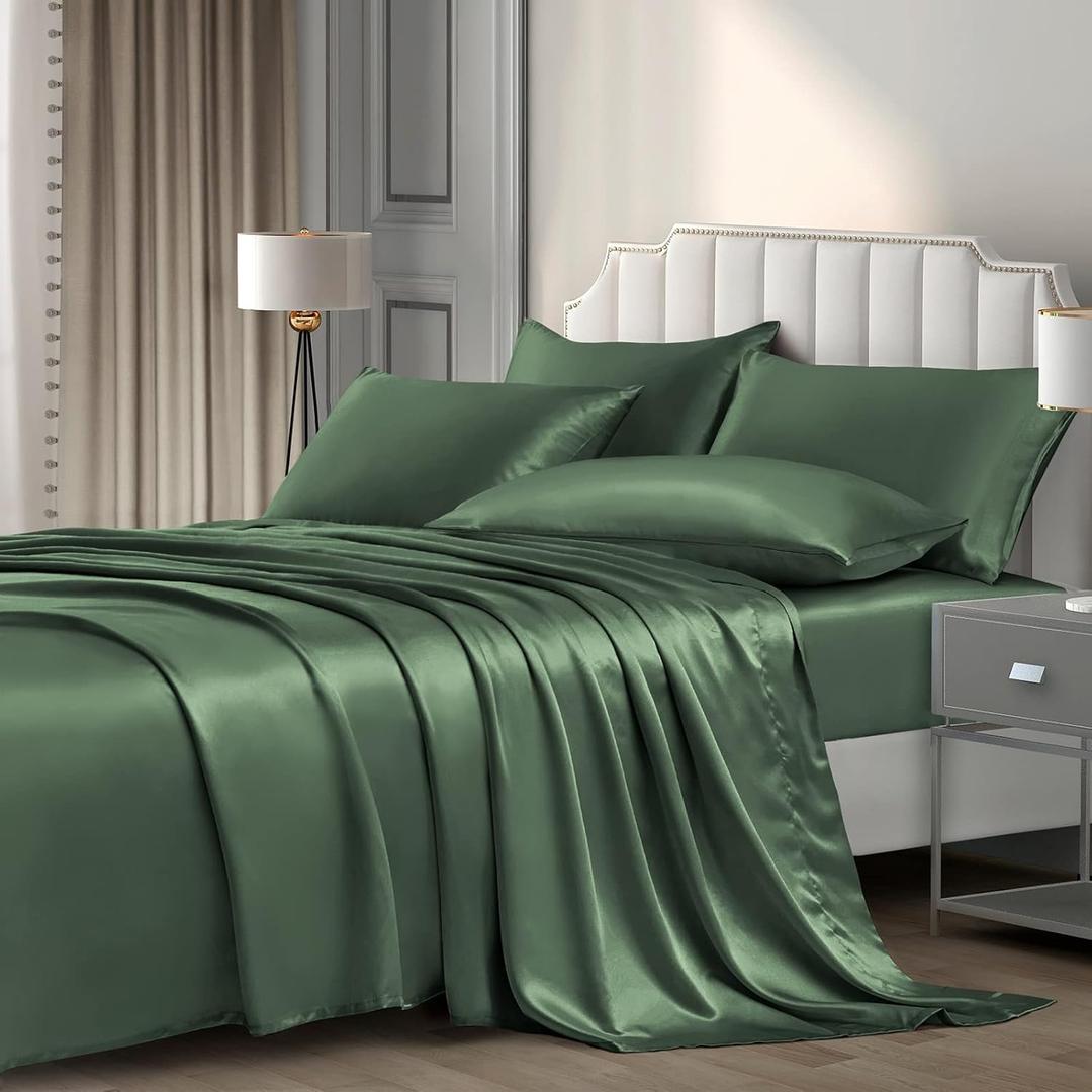 P Pothuiny 6 Pieces Queen Satin Sheets Luxury Woodland Green Satin Bedding Sheet Set, 1 Deep Pocket Fitted Sheet + 1 Flat Sheet + 4 Pillow Cases