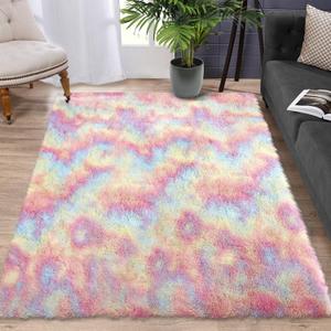 WESTLOOM 9x12 Shaggy Area Rug Large Ultra-Soft Fluffy Rug for Living Room Bedroom Ideal for Kids' Room Nursery Playroom Dorm Modern Thick Plush Tie-Dyed Rug Non-Slip Throw Carpet Colorful
