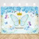 Sensfun Blue Butterfly Birthday Backdrop Girls Light Blue Watercolor Flowers Butterfly Happy Birthday Party Background Gold Crown Butterflies Bday Decorations Banner for Cake Table Supplies 7x5ft