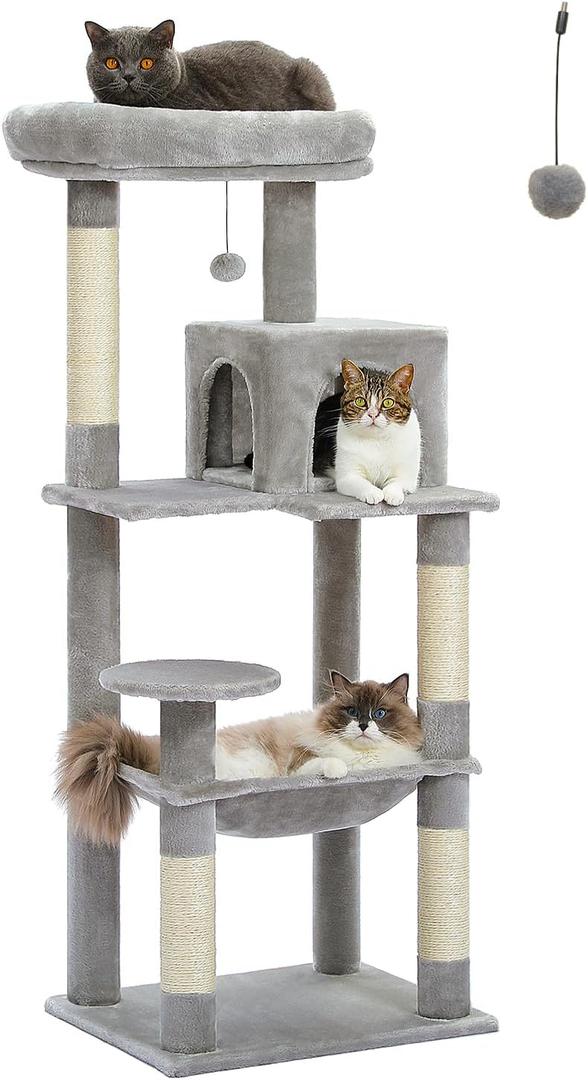 PETEPELA 56.3" Cat Tree for Indoor Cats Large Adult with Hammock, Grey | Super large 20"x16" padded hammock holds cats up to 20 lbs; 4 smooth sisal posts, condo, plush top perch & dangling ball