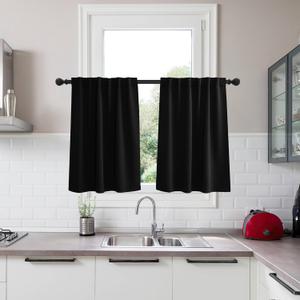 KGORGE Short Blackout Curtains 36 inch Length for Kitchen, Energy Saving Black Out Privacy Shades Drapes Half Windows Curtains for Bathroom Basement, W34 x L36 inches, Black, 2 Panels