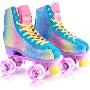 NEMONE Roller Skates for Girls, Women Roller Skates with Light up Wheels, Classic Shiny Mermaid Rollerskates, High Top Outdoor Indoor Skates for Adults Youth Kids (Pink), Size 32