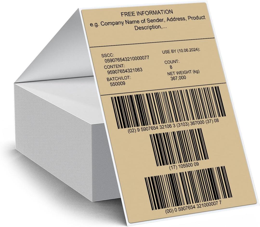 4 x 6 Shipping Labels Fanfold Khaki Vinyl Thermal Stickers Self-Adhesive Waterproof Direct Printing Label Paper for UPS Address Mailing Package Barcode 250 PCS