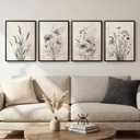 Framed Vintage Botanical Wall Art, 4 Piece Neutral Rustic Boho Floral Canvas Painting Prints for Modern Farmhouse, Black and White Flower Pictures for Living Room Bedroom Dining Room Wall Decor, 12x16
