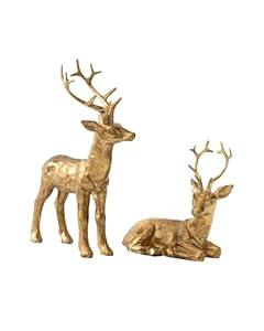 DN DECONATION 2PCS Christmas Resin Reindeer Figurines Decorations, Small Gold Brass Deer Decorative Statues Deer Sculptures for Indoor Home Decor Tabletop Mantle Cabinet Desktop Office