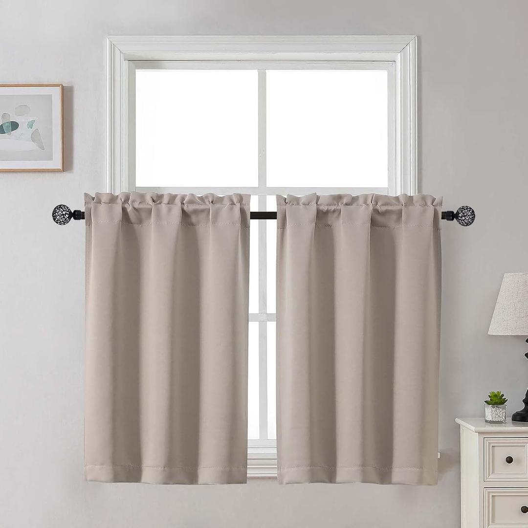 Gwine Stone Blackout Curtains for Small Window Treatment, Light Blocking Short Kitchen Window Curtains Over Sink, Rod Pocket Half Window Tiers for Bathroom Basement, Each 30" Wx36 L, 2 PCS