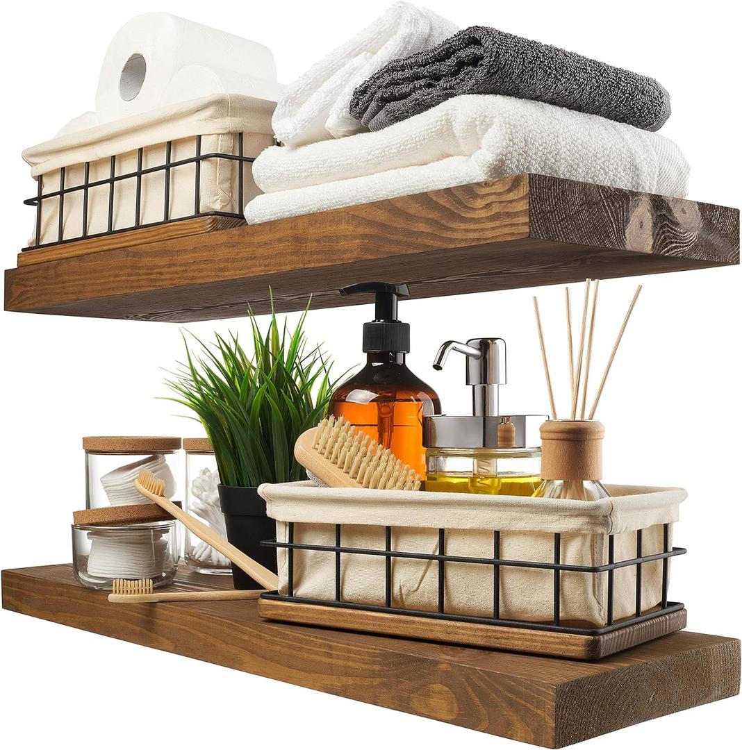 BAOBAB WORKSHOP Wood Floating Shelves Set of 2 - Rustic Shelf 24 inch - Floating Shelf for Wall Mounted - Wide Wooden Wall Shelves for Living Room Bedroom Kitchen Bathroom - Walnut - 24D x 6.7W
