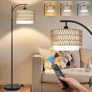 Arc Floor Lamp for Living Room Boho Floor Lamps with Remote Control & with 3 Color Temperatures,Rattan Wicker Standing Lamp Dimmable Tall Floor Lamp for Bedroom Living Room Corner (11.9Inch, double-deck)