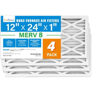 LotFancy 12x24x1 Air Filter MERV 8 Dust Defense (4-Pack) Pleated HVAC Furnace Air Filters, Replacement for Home AC & Heating Systems, Actual Size: 11.75" x 23.75" x 0.75