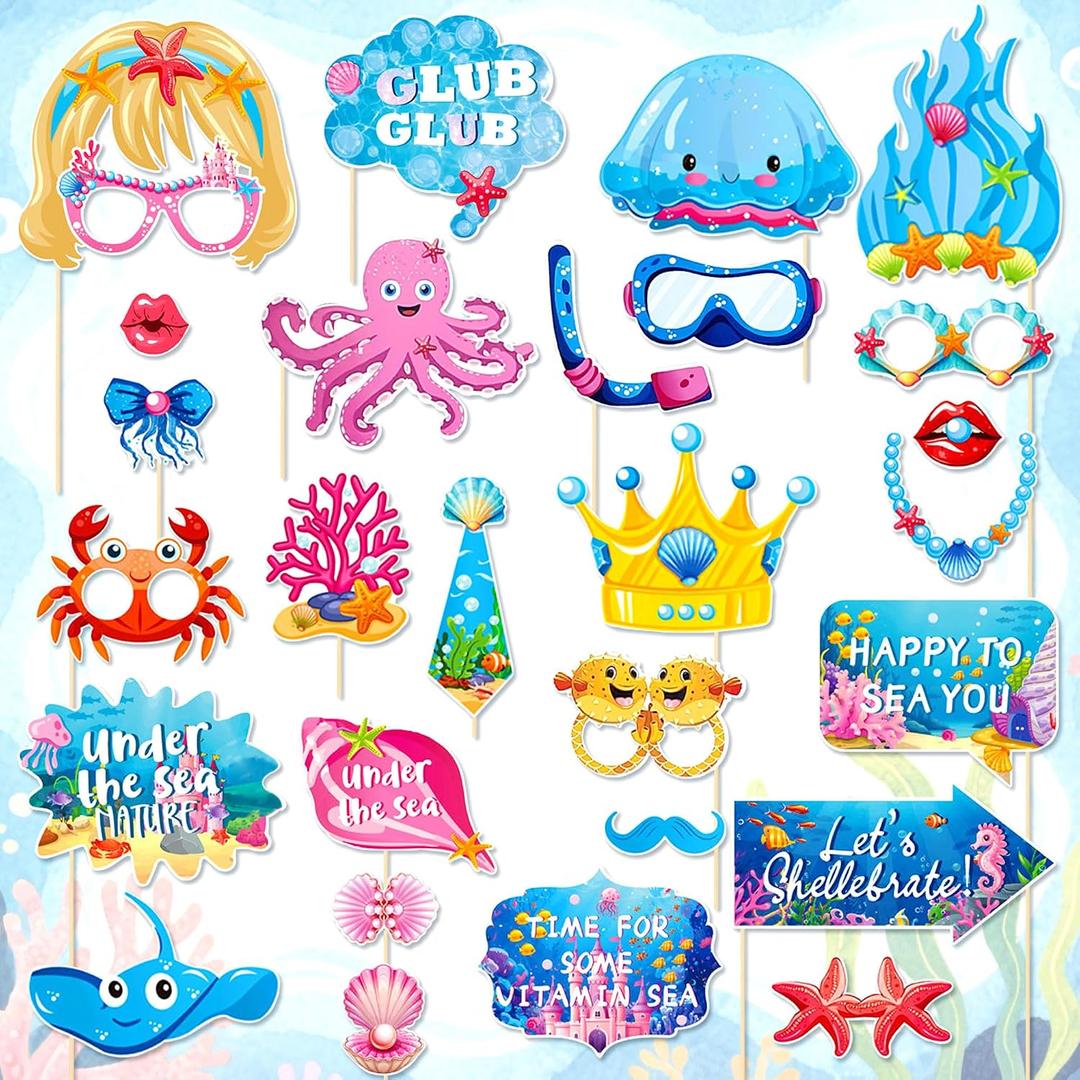 Under The Sea Party Photo Booth Props with Stick Ocean Animal Photo Booth | Ocean Animal Birthday Elfie Photo Booth DIY Props Summer Beach Birthday Party Favors Baby Shower Photography Decorations