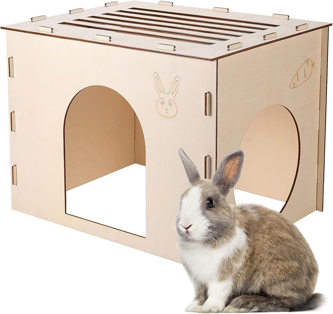 Woiworco Wooden Rabbit Hideout Castle for Easter Day, Rabbit Houses and Hideouts, Wooden Rabbit Bunny Hideout for Indoor Bunnies Chinchilla, Hamsters and Guinea Pigs Hut to Hide