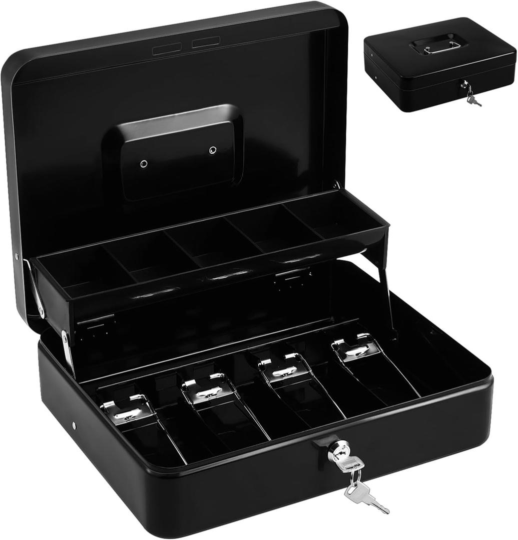 Portable Metal Cash Box with Lock and Money Tray, Black Iron Safe Box for Cash and Keys, 11.81 X 9.44 X 3.54 Inches, Ideal for Home and Small Business Use