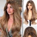 Caramel Toffee Ombr Wig With Bangs Long Wavy PuffPro Voluminous High Crown Wigs for Women,4x4'' Parting Realistic Scalp,Mob Wife Aesthetic/Clean Girl/Office Siren/Old Money Style