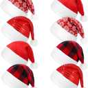 Civaner 8 Pieces Plush Christmas Santa Hats Bulk for Adults Buffalo Plaid Christmas Hats Xmas Snowflake Claus Caps for Unisex Adult Red White Black Color Caps Costume Party Supplies Party Favors