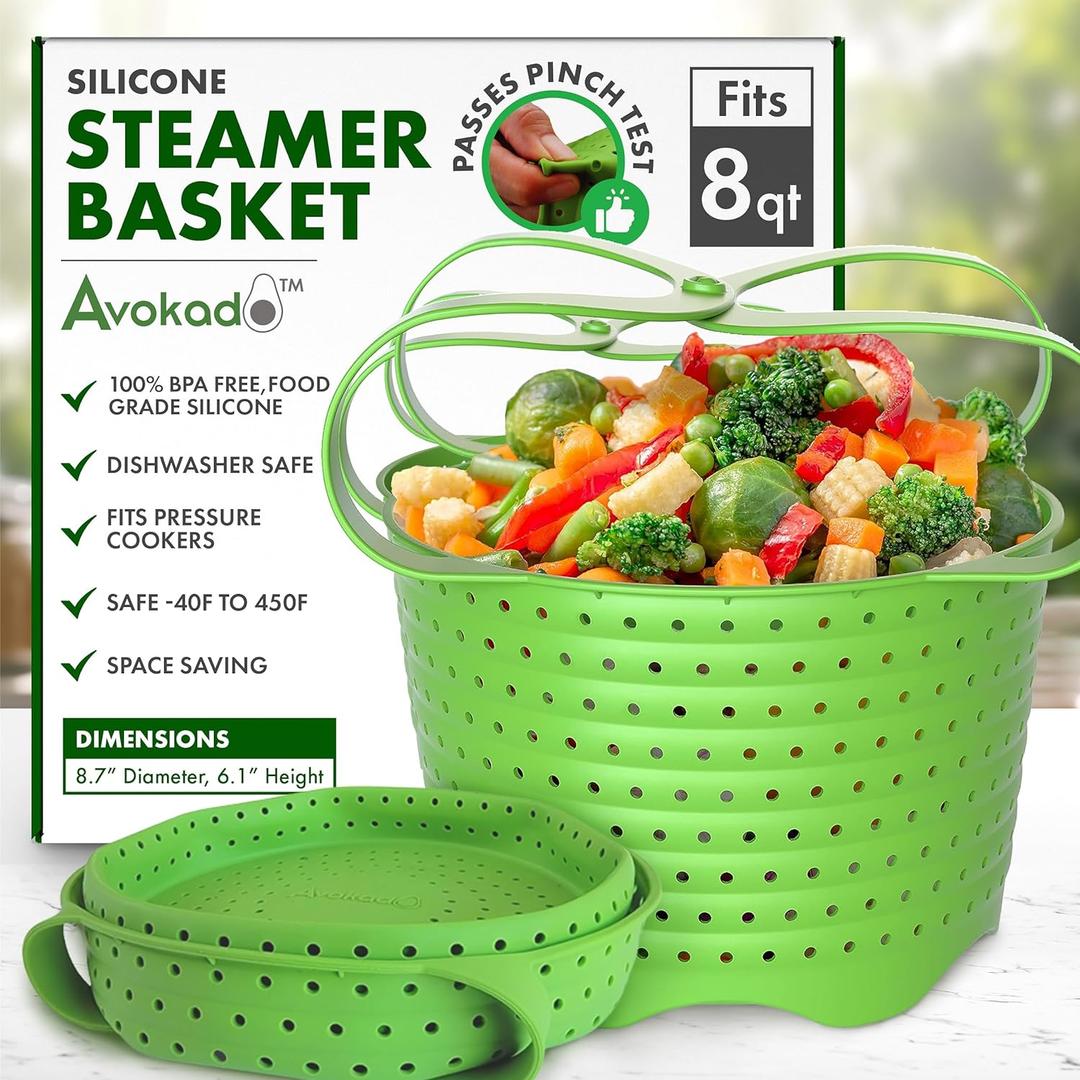 Avokado Silicone Steamer Basket for 8qt Instant Pot [3qt, 6qt avail], Ninja Foodi, Other Pressure Cookers - 100% Food Safe, BPA-Free, Dishwasher Safe Collapsible Vegetable Steamer Basket & Strainer (Green)