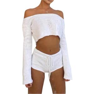GORGLITTER Women's Crochet Shorts Set Two Piece Vacation Summer Beach Outfits Off The Shoulder Crop Tops and Shorts Set L