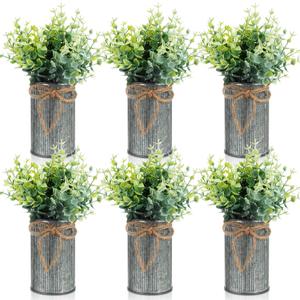 6 Sets Artificial Eucalyptus in Galvanized Pots, Farmhouse Table Decor, Rustic Table Centerpiece, Plants Eucalyptus Leaves for Wedding Home Office Farmhouse(Iron)