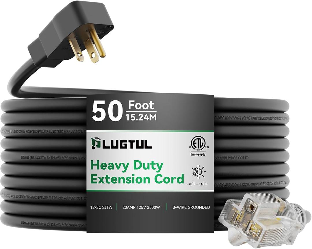 PLUGTUL 20AMP Extension Cord 50FT, NEMA 5-20 Heavy Duty Extension Cord, Lighted End, 12Gauge, SJTW, 20AMP 125V 2500W, Black