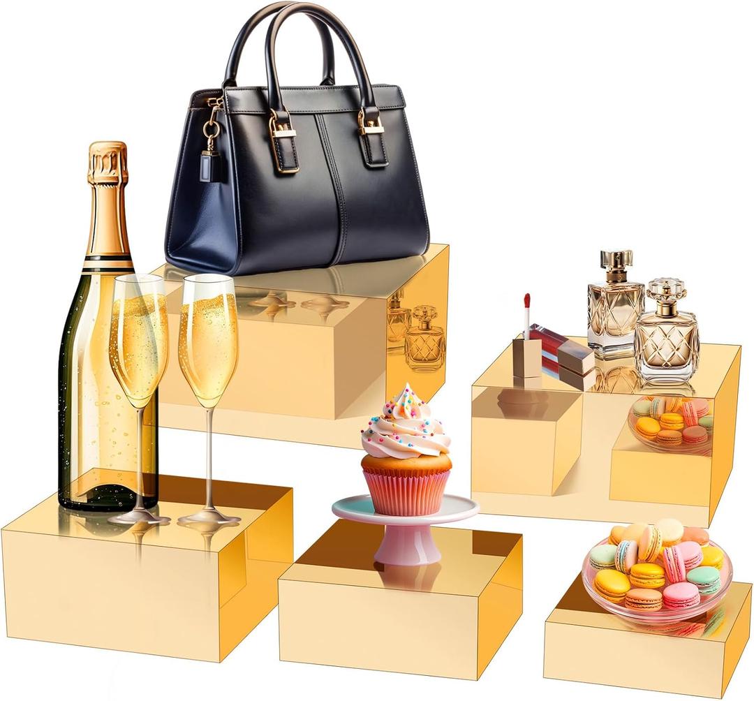 MACIFECI Acrylic Display Risers Acrylic Box Nesting Display Risers Food Risers for Party Gold Cube Boxes Display Stands, Set of 5
