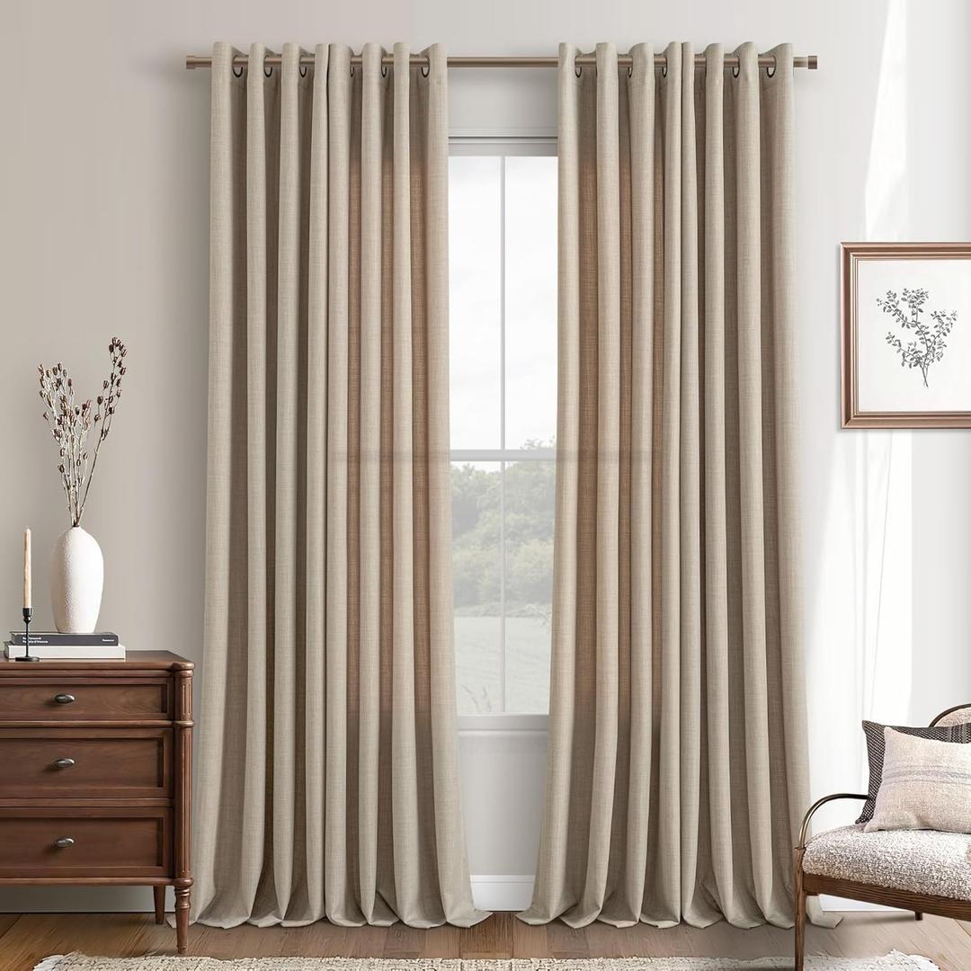 DUKIYO Burlywood Birch Linen Curtains 90 Inches Long Grommet for Living Room 2 Panels Drape Light Filtering Semi Sheer Taupe Curtain for Bedroom Sliding Glass Door Boho Rustic Farmhouse 52x90 Length