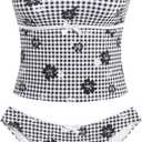 ZAFUL Tankini Swimsuits for Women Bow Tie Side Bathing Suits Tummy Control High Cut Two Piece Bikini Sets (Large, Flower Black)