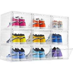9 Pack X-Large Shoe Storage Box, Thicken&Sturdy with Clear Magnetic Door, Stackable Shoe Organizer with Solid Plastic, Drop Front Shoe Box for Sneaker Display Fit up to US Size 12