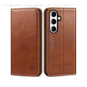 SHIELDON Case for Galaxy S25+ 6.7" 2025, Genuine Leather Flip Wallet Book Case Magnetic RFID Blocking Credit Card Holder Kickstand Shockproof Cover Compatible with Galaxy S25 Plus - Retro Brown