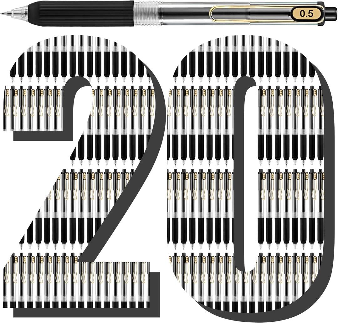 Aozora 20 Pack Black Gel Pens Fine Point Smooth Writing Pens Retractable Black Ink Pen with Soft Grip 0.5mm Quick Dry Office School Supplies Gold Clip